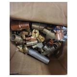 Assorted Plumbing Parts, Fittings, and Workhorse Flashlight in Storage Bin