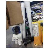 Assorted Plumbing Parts, Fittings, and Workhorse Flashlight in Storage Bin