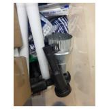 Assorted Plumbing Parts, Fittings, and Workhorse Flashlight in Storage Bin