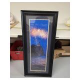 Split Rock Lighthouse Framed Print with Fireworks 43x20