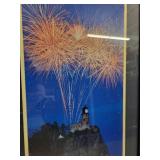 Split Rock Lighthouse Framed Print with Fireworks 43x20