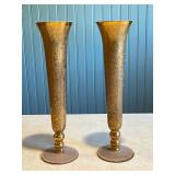 Pair of Vintage Brass Etched Vases with Floral Pattern