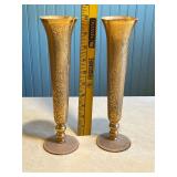 Pair of Vintage Brass Etched Vases with Floral Pattern
