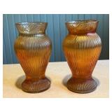 Pair of Vintage Marigold Iridescent Glass Vases with Ribbed Pattern
