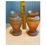 Pair of Vintage Marigold Iridescent Glass Vases with Ribbed Pattern