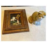 Framed Cat Artwork and Ceramic Cat Figurine Set