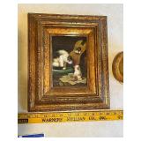 Framed Cat Artwork and Ceramic Cat Figurine Set