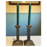 Pair of Decorative Metal Candlesticks with Green Candles