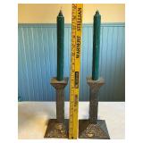 Pair of Decorative Metal Candlesticks with Green Candles