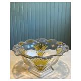 Vintage Pressed Glass Bowl with Blue and Yellow Floral Design