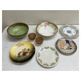 Collection of 7 Vintage Porcelain Plates and Bowls with Floral and Cat Designs