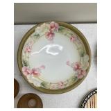 Collection of 7 Vintage Porcelain Plates and Bowls with Floral and Cat Designs