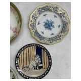 Collection of 7 Vintage Porcelain Plates and Bowls with Floral and Cat Designs
