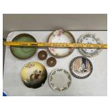 Collection of 7 Vintage Porcelain Plates and Bowls with Floral and Cat Designs