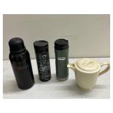 Set of 3 Travel Mugs and 1 Cream-Colored Teapot