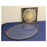 Framed Crocheted Doily Artwork and Ornate Oval Glass Tray
