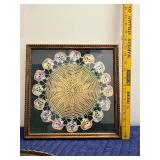 Framed Crocheted Doily Artwork and Ornate Oval Glass Tray