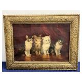 Framed Vintage Cat Print with Ornate Gold Frame