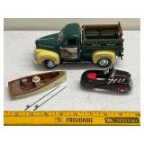 Vintage Model Set with Fishing Truck, Rowboat, and Roadster