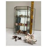 Cat Figurine Collection with Glass Display Case and Animal Figurines