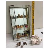 Cat Figurine Collection with Glass Display Case and Animal Figurines