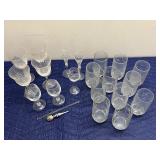 Assorted Glassware Set with Etched Designs and Bar Accessories