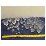 Assorted Glassware Set with Etched Designs and Bar Accessories