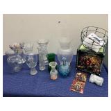 Collection of 10 Glass Vases, Decorative Basket, and Floral Decor Set