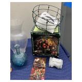 Collection of 10 Glass Vases, Decorative Basket, and Floral Decor Set