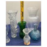 Collection of 10 Glass Vases, Decorative Basket, and Floral Decor Set