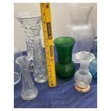 Collection of 10 Glass Vases, Decorative Basket, and Floral Decor Set