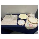 Assorted Serving Bowls, Plates, and Vintage Linens Lot