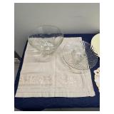 Assorted Serving Bowls, Plates, and Vintage Linens Lot