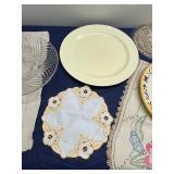 Assorted Serving Bowls, Plates, and Vintage Linens Lot