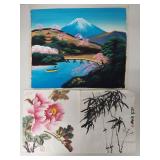 Set of 3 Japanese Art Paintings & Prints with Scenic and Floral Designs