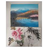 Set of 3 Japanese Art Paintings & Prints with Scenic and Floral Designs