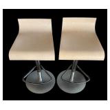 P - Pair of Adjustable Height Barstools with Light Wood Seats and Chrome Base