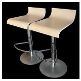 P - Pair of Adjustable Height Barstools with Light Wood Seats and Chrome Base