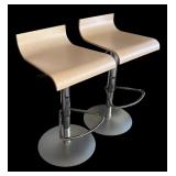 P - Pair of Adjustable Height Barstools with Light Wood Seats and Chrome Base