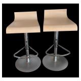 P - Pair of Adjustable Height Barstools with Light Wood Seats and Chrome Base
