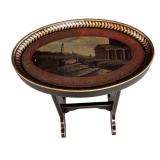 P - Vintage Oval Accent Table with Historic Scene