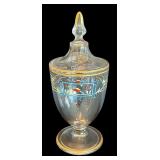 Vintage Glass Candy Dish / Hand-Painted Glass Apothecary Jar Floral Design
