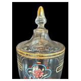 Vintage Glass Candy Dish / Hand-Painted Glass Apothecary Jar Floral Design