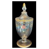Vintage Glass Candy Dish / Hand-Painted Glass Apothecary Jar Floral Design