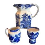 P - Set of 3 Blue and White Vintage Pitchers and Cup by Mason