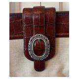 P - Brighton Canvas and Brown Croc Embossed Leather Handbag with Buckle Accent