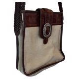 P - Brighton Canvas and Brown Croc Embossed Leather Handbag with Buckle Accent