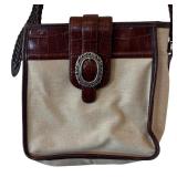 P - Brighton Canvas and Brown Croc Embossed Leather Handbag with Buckle Accent