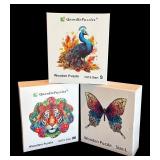 P - Set of 3 Quordle Wooden Puzzles: Peacock, Tiger and Butterfly