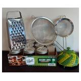P - Kitchen Collection: Ball Mason Jars, Stainless Grater, Strainers, and Steamer Basket